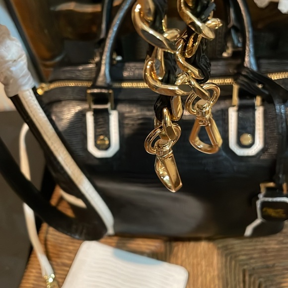 Alice and Olivia Black and White Structured Satchel with Gold Accents - Picture 3 of 6